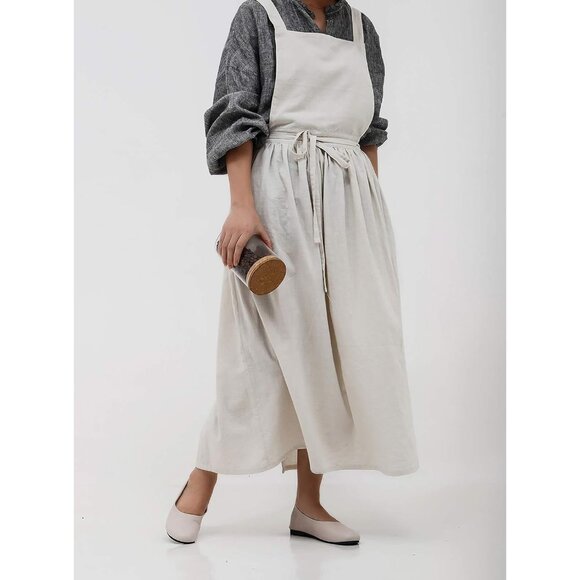 Pleated Cotton Long Apron X Back Kitchen Garden Florist Work Clothes Bib Dress - Picture 7 of 8